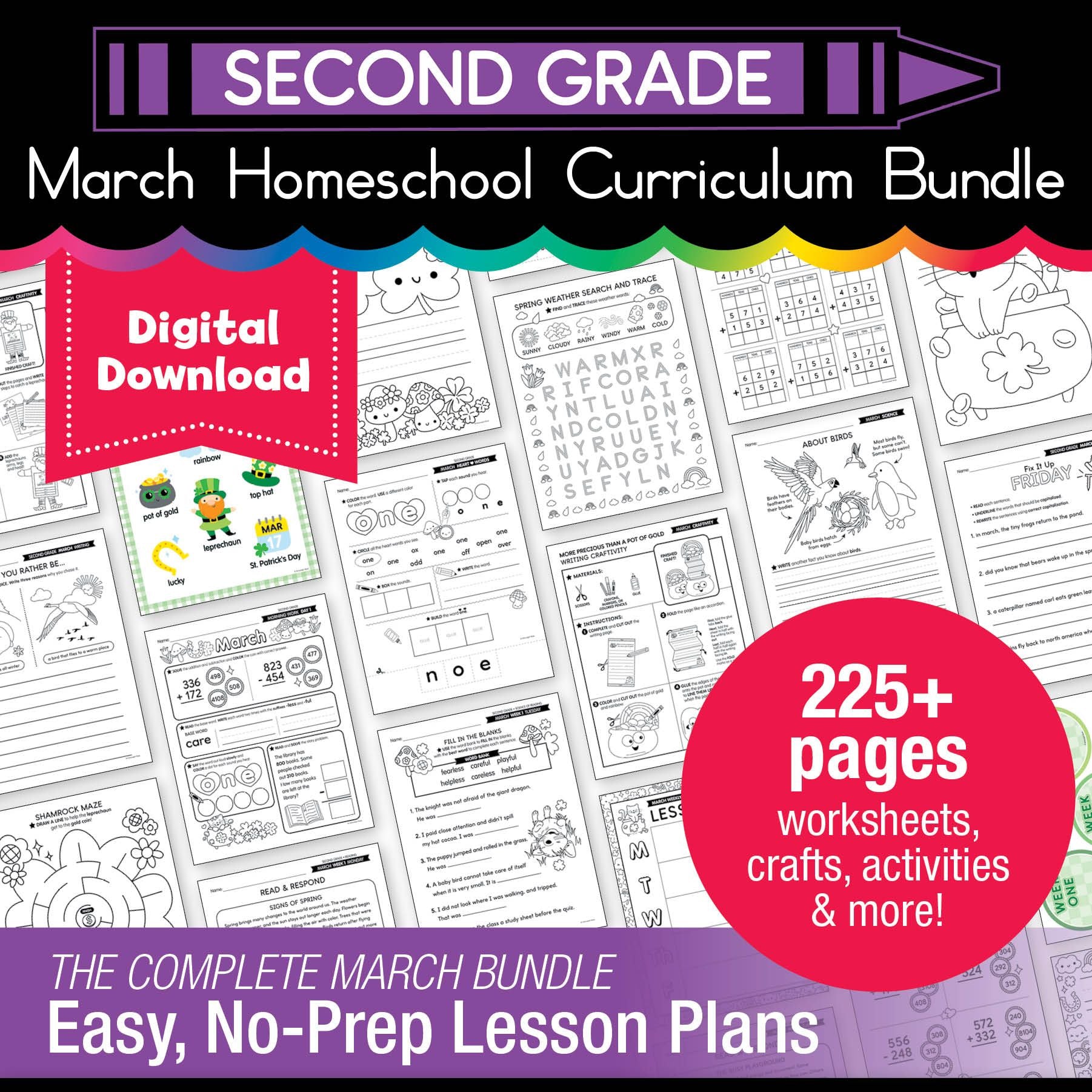 Printable Second Grade March Homeschool Curriculum Bundle