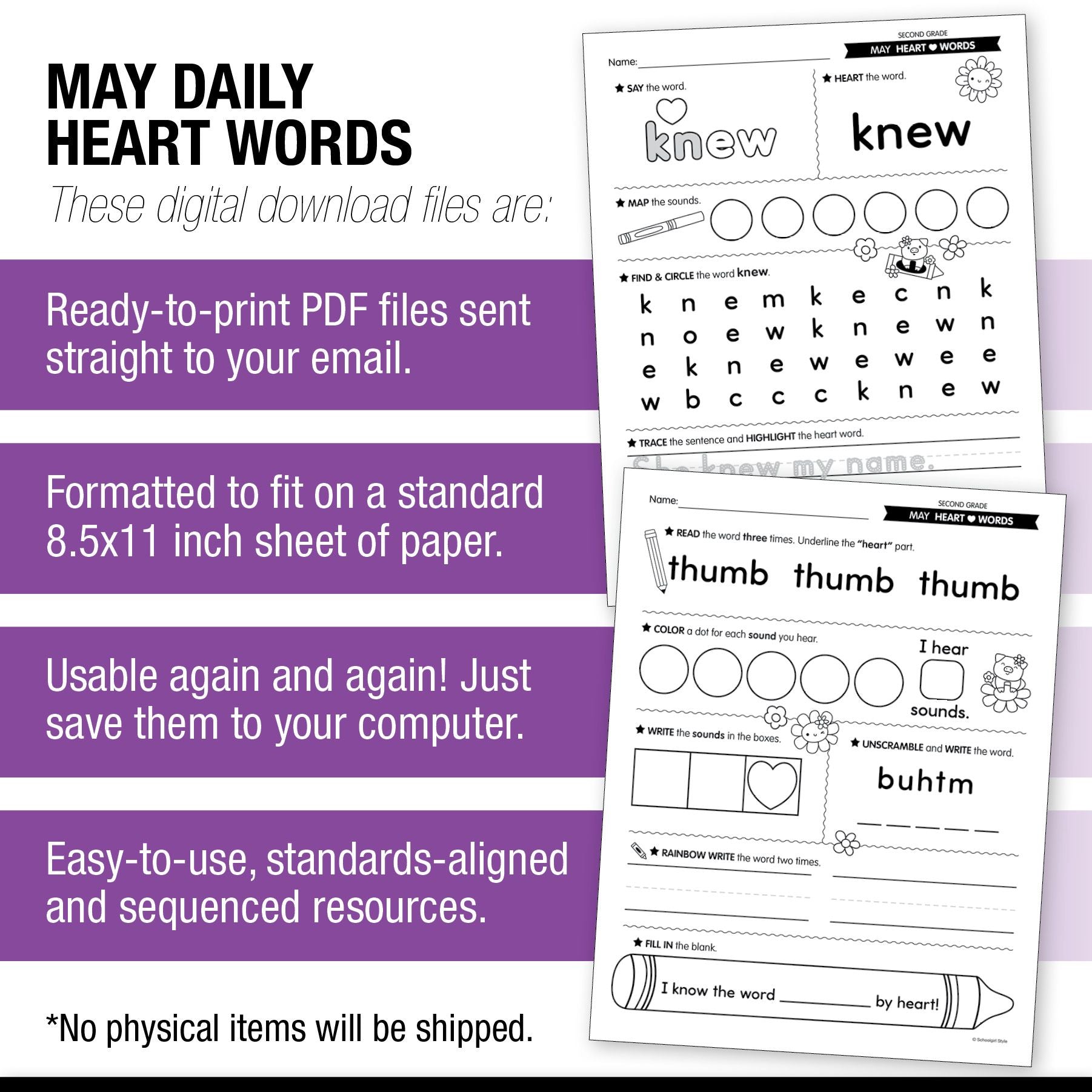 Printable Second Grade May Daily Heart Words