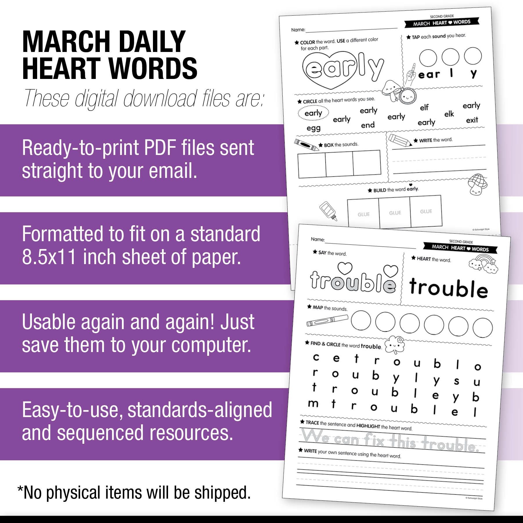 Printable Second Grade March Daily Heart Words
