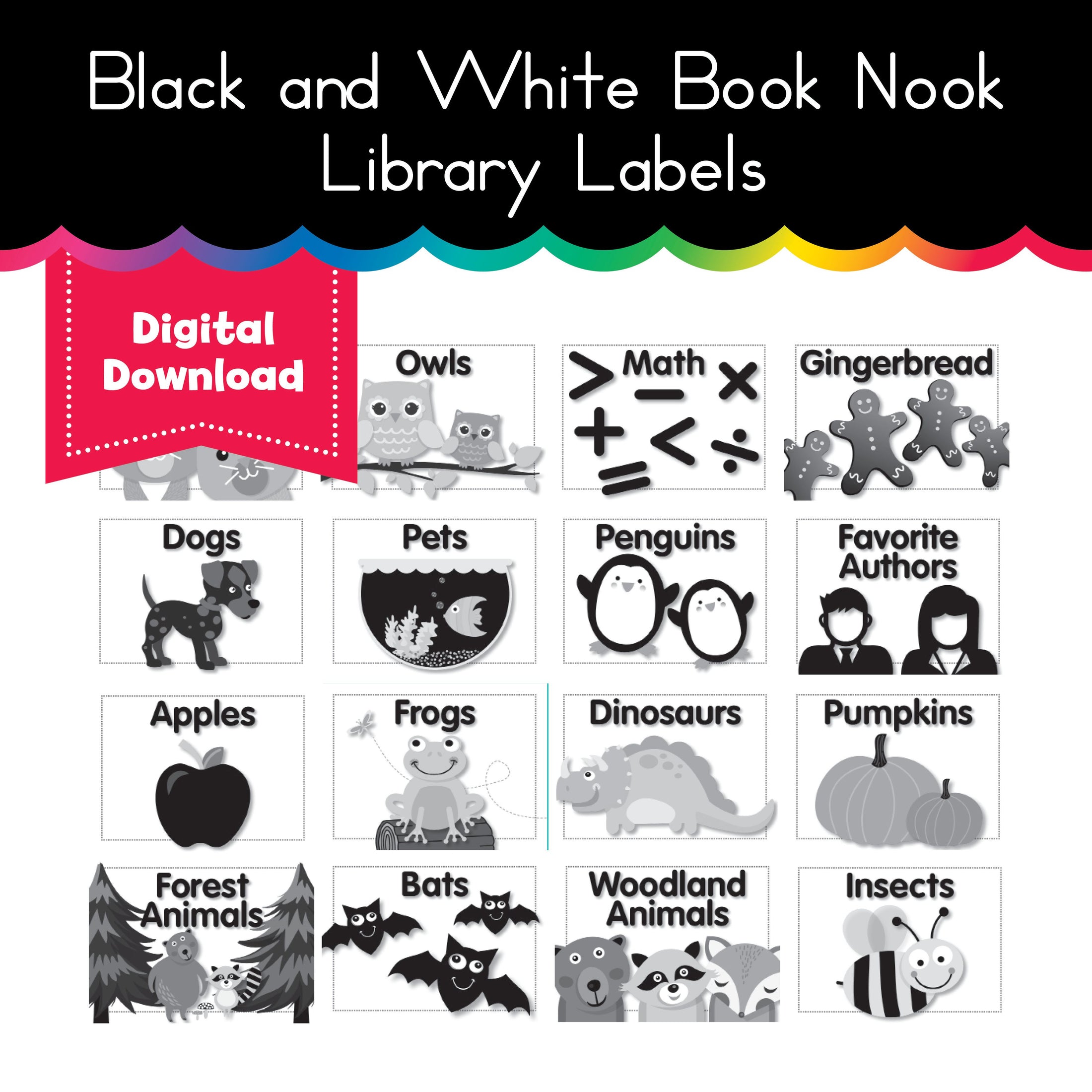 Black and White Book Nook Library Labels