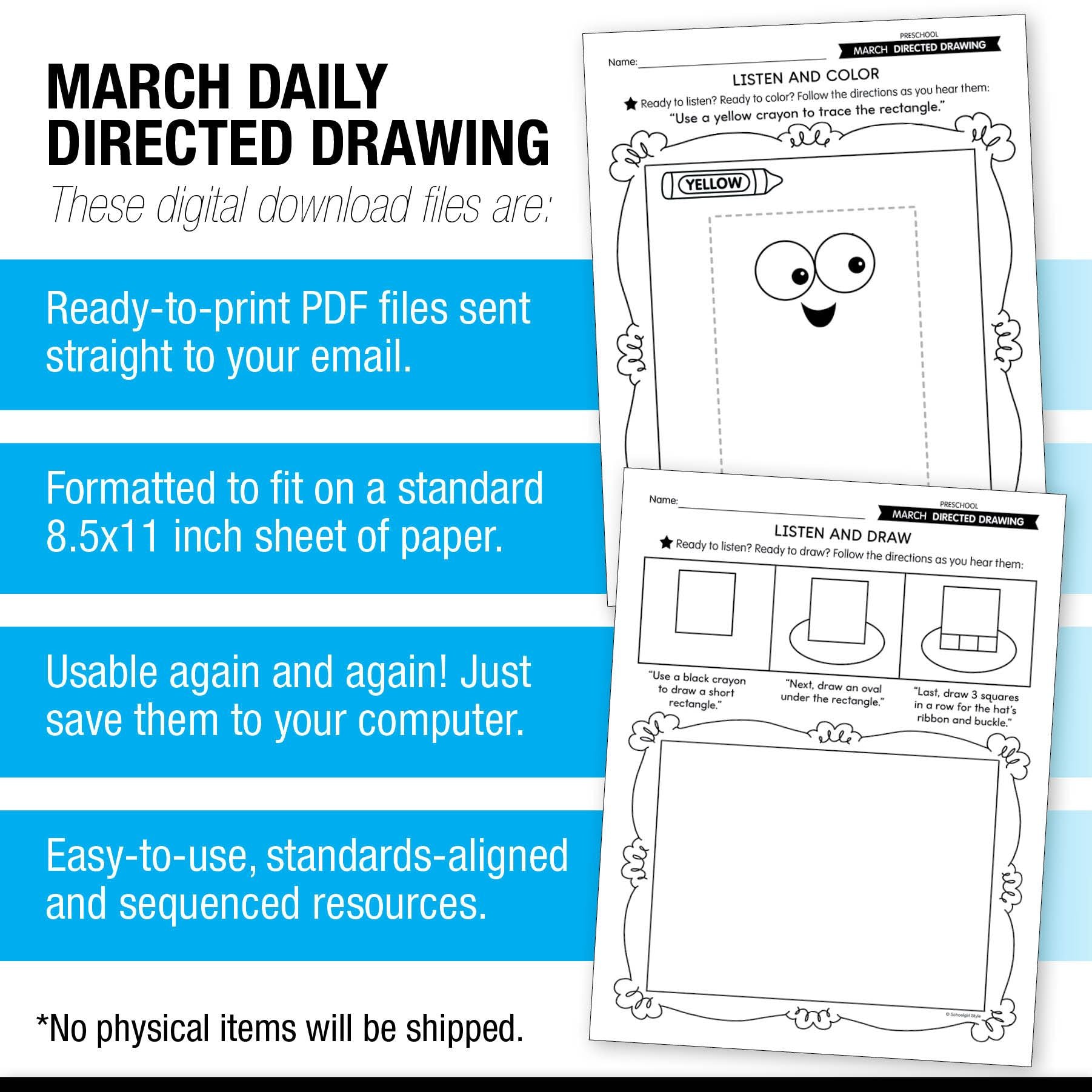 Printable Preschool March Directed Drawing Worksheets