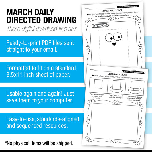 Printable Preschool March Directed Drawing Worksheets