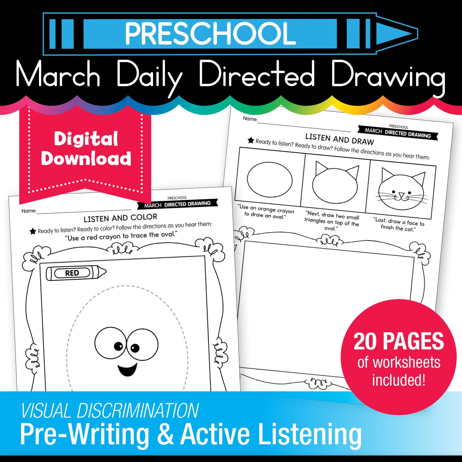 Printable Preschool March Directed Drawing Worksheets
