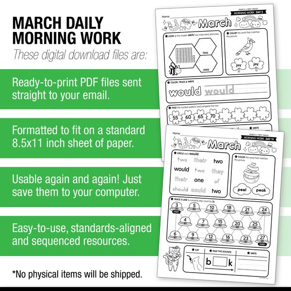 Printable First Grade March Daily Morning Work