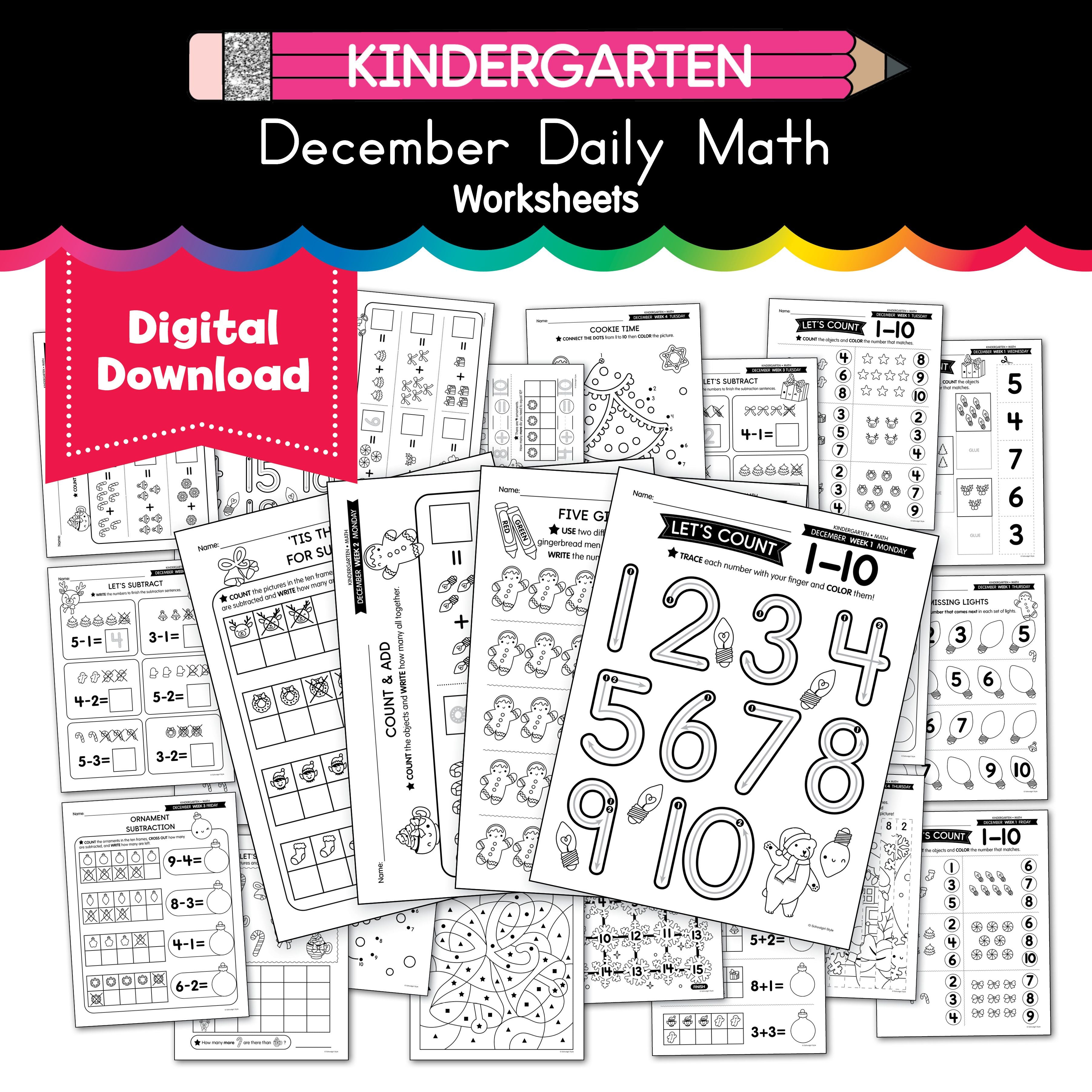 Printable Kindergarten December Daily Math Worksheets - Playground Press
