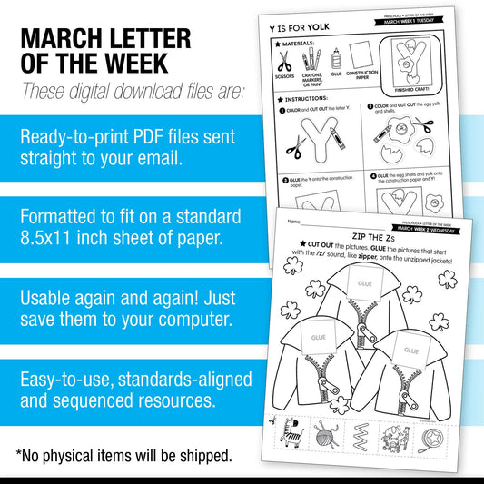 Printable Preschool March Letter of the Week (Y, Z, & Full Alphabet Review)