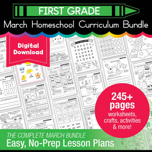 Printable First Grade March Homeschool Curriculum Bundle