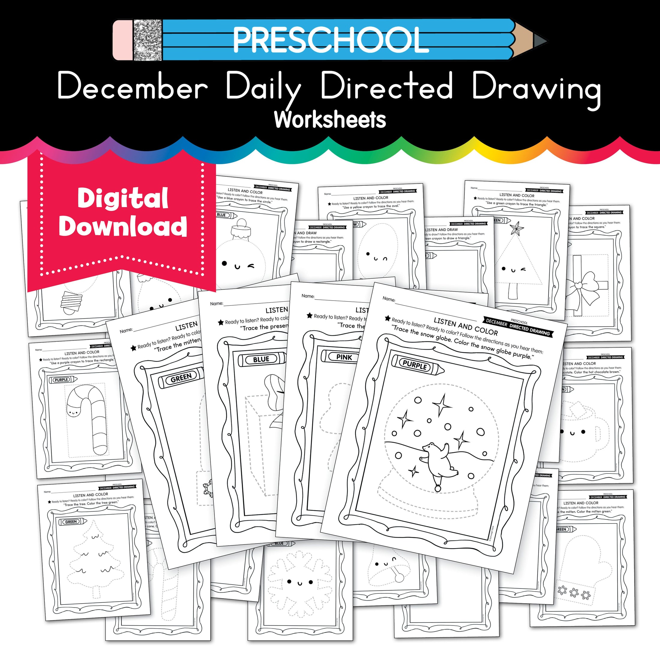 Printable Preschool December Directed Drawing Worksheets