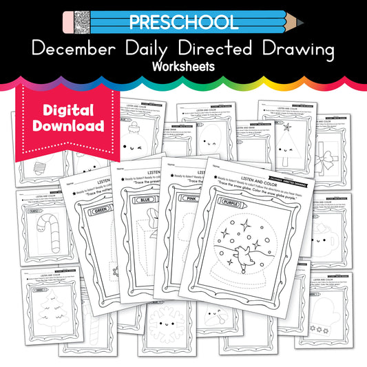 Printable Preschool December Directed Drawing Worksheets