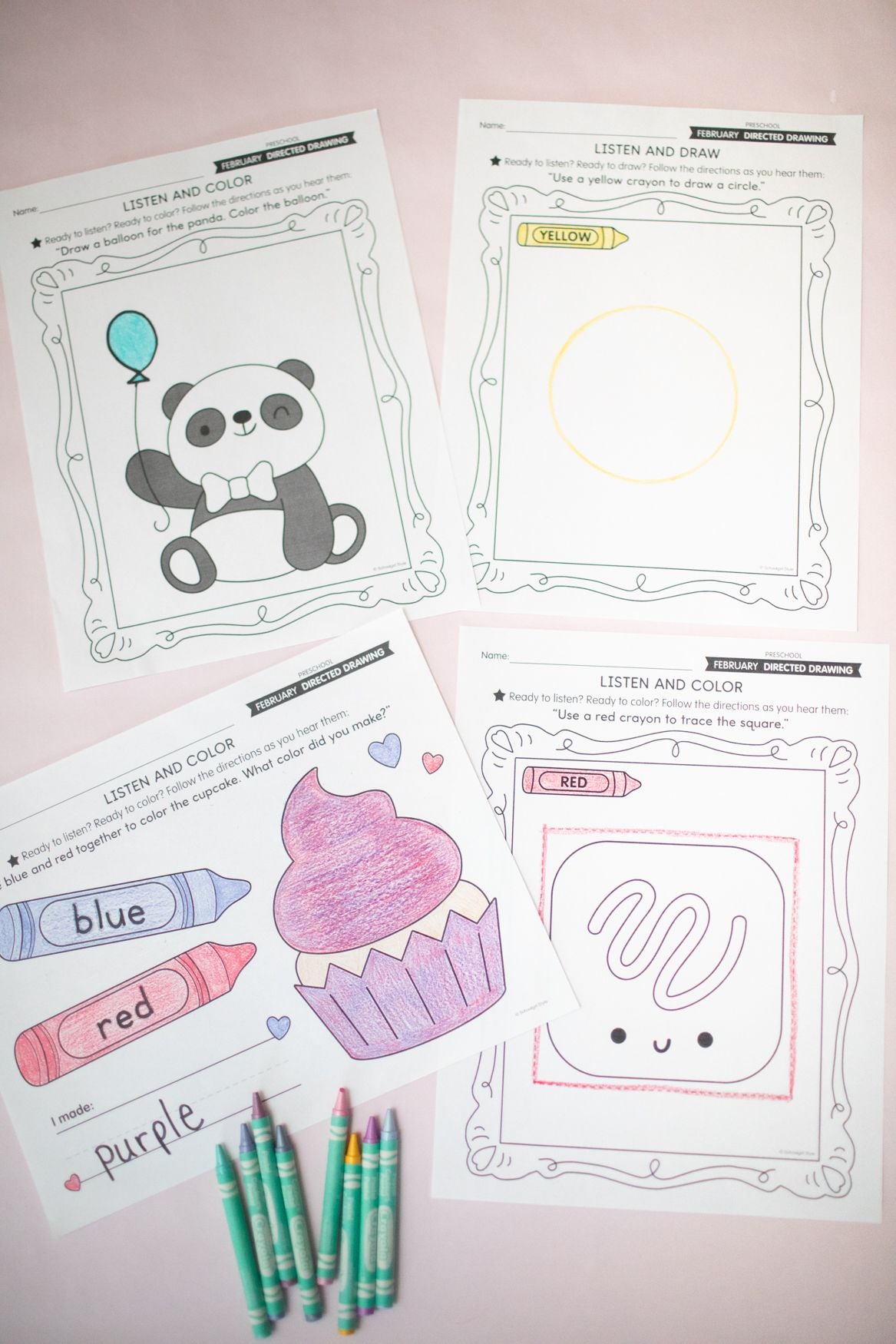 Printable Preschool February Directed Drawing Worksheets