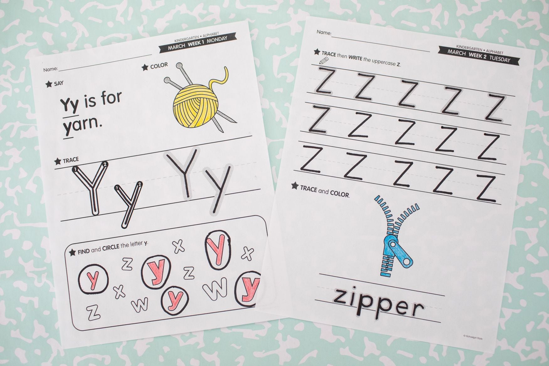 Printable Kindergarten March Daily Alphabet (Y, Z, & Full Alphabet Review)