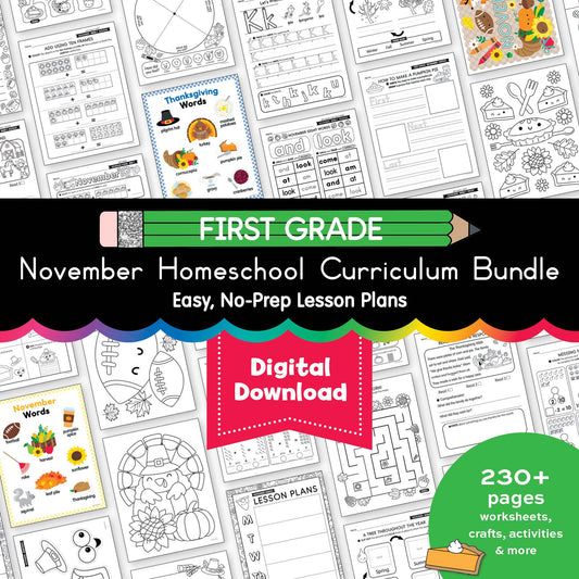 Printable First Grade November Homeschool Curriculum Bundle