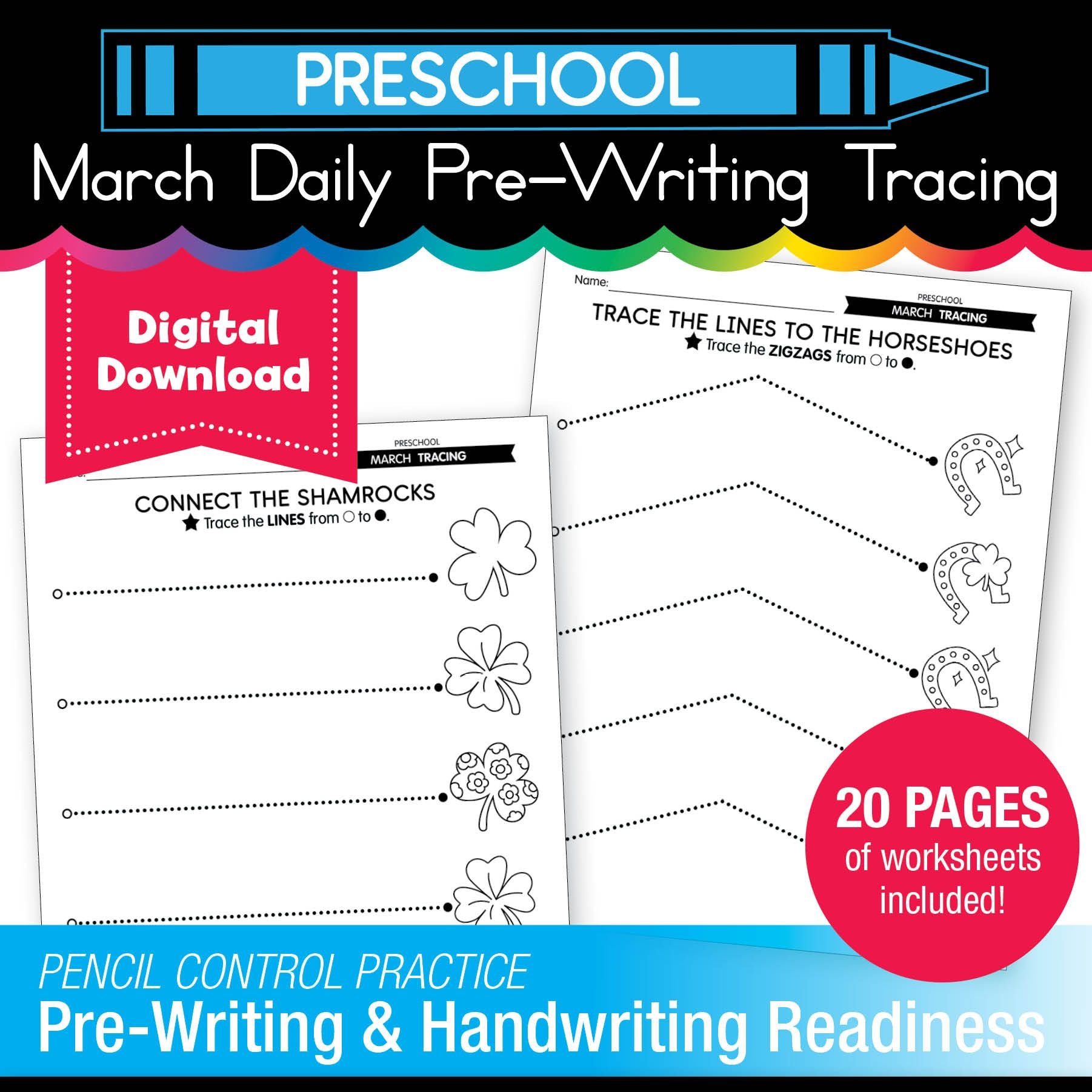 Printable Preschool March Daily Pre-Writing Tracing
