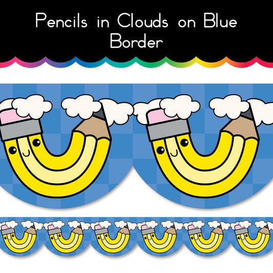 Pencils in Clouds on Blue Border