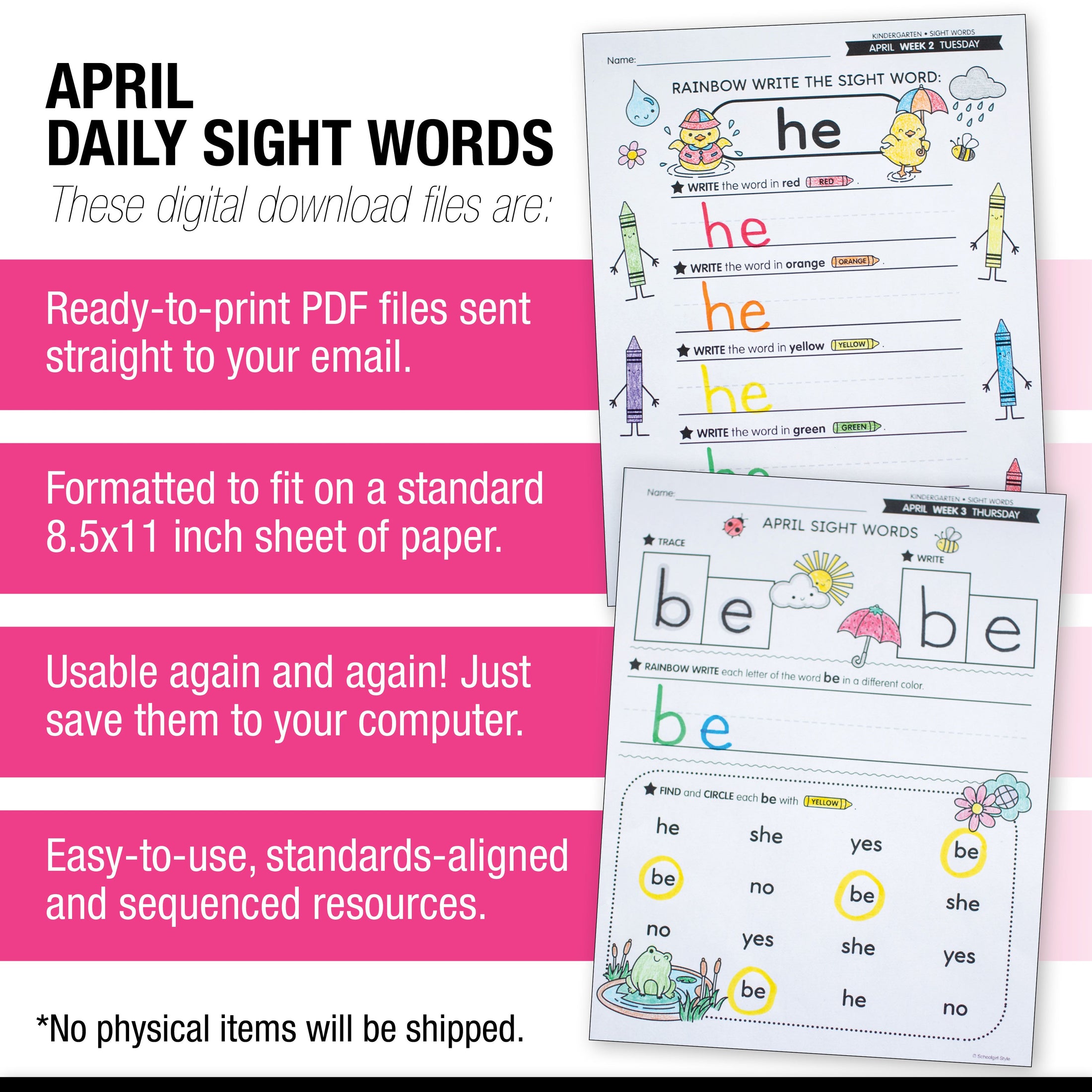 Printable Kindergarten April Daily Sight Words