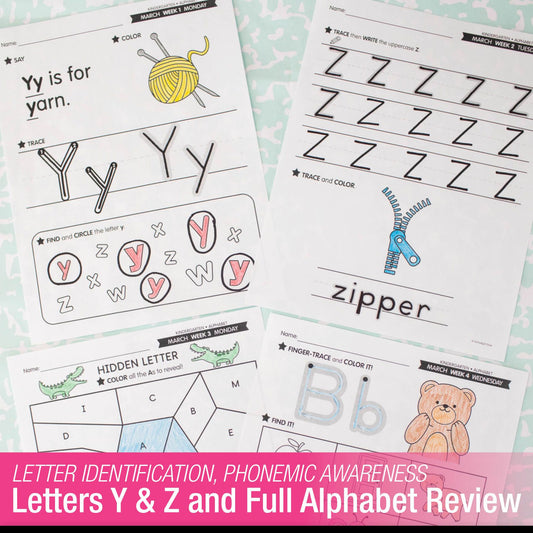 Printable Kindergarten March Daily Alphabet (Y, Z, & Full Alphabet Review)