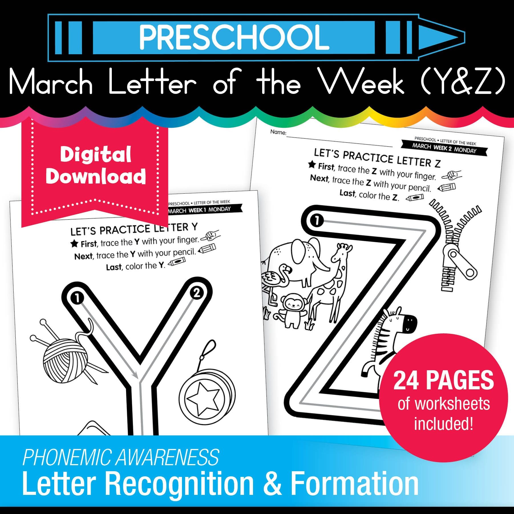 Printable Preschool March Letter of the Week (Y, Z, & Full Alphabet Review)