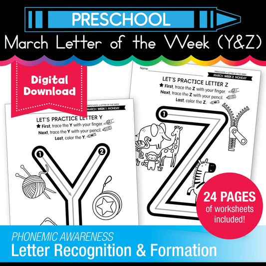 Printable Preschool March Letter of the Week (Y, Z, & Full Alphabet Review)