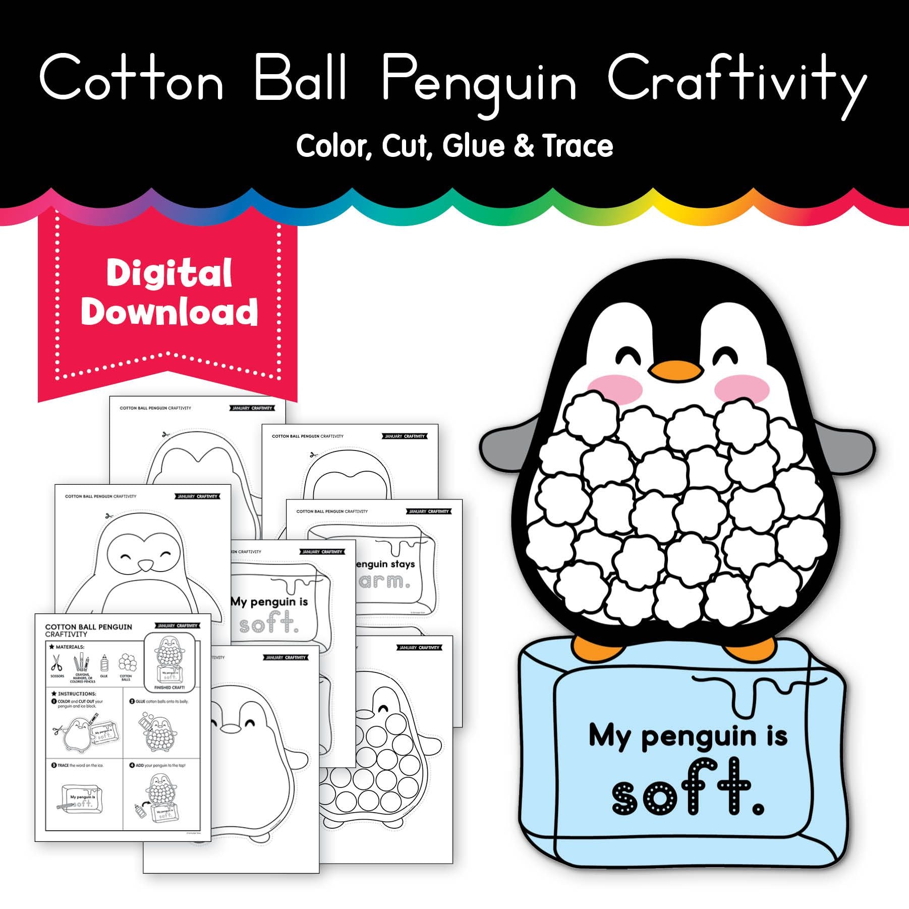 Printable January Cotton Ball Penguin Craftivity