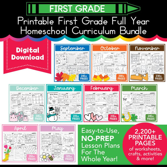 Printable First Grade Full Year Homeschool Curriculum Bundle
