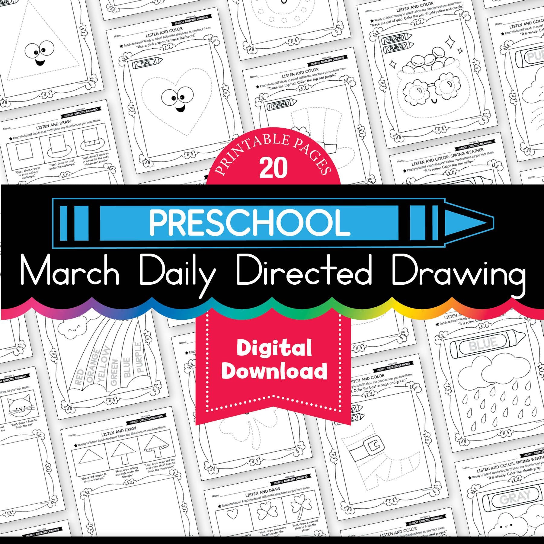 Printable Preschool March Directed Drawing Worksheets