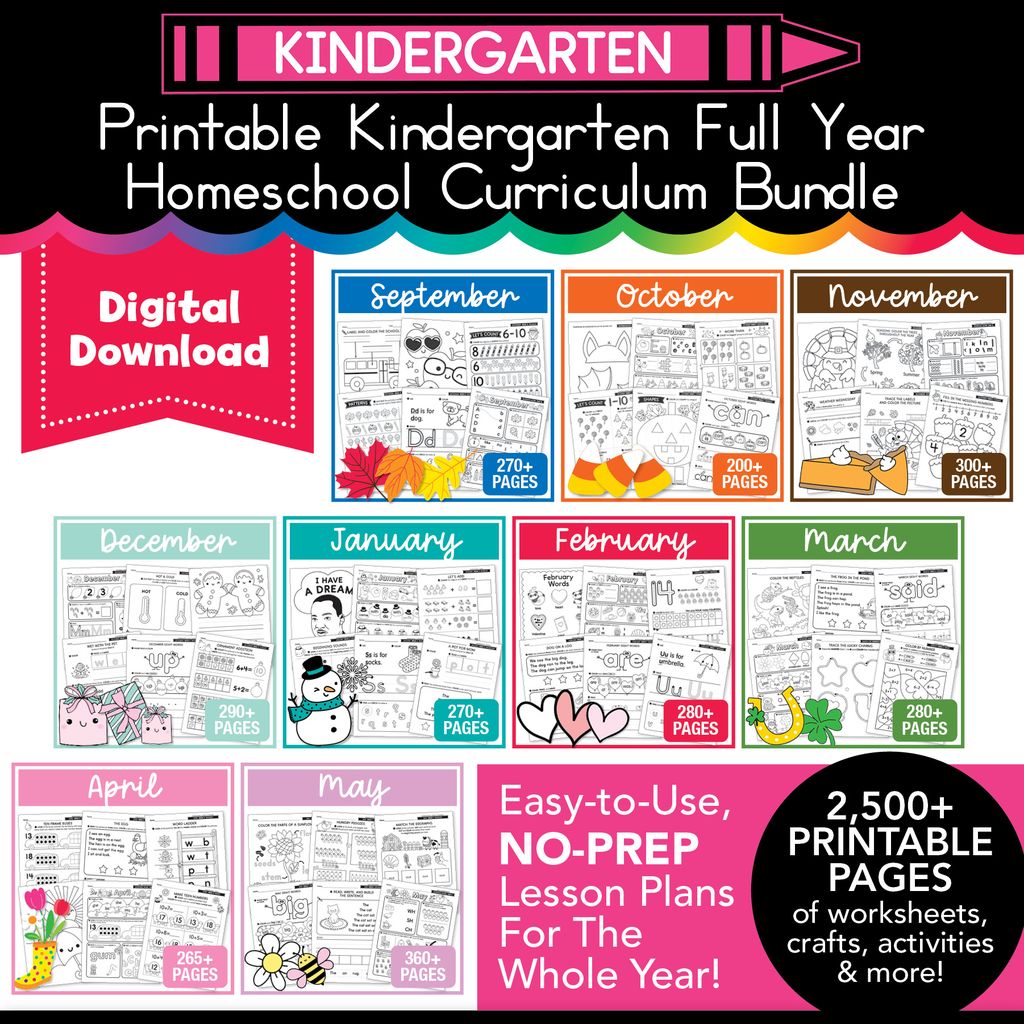 Printable Kindergarten Full Year Homeschool Curriculum Bundle