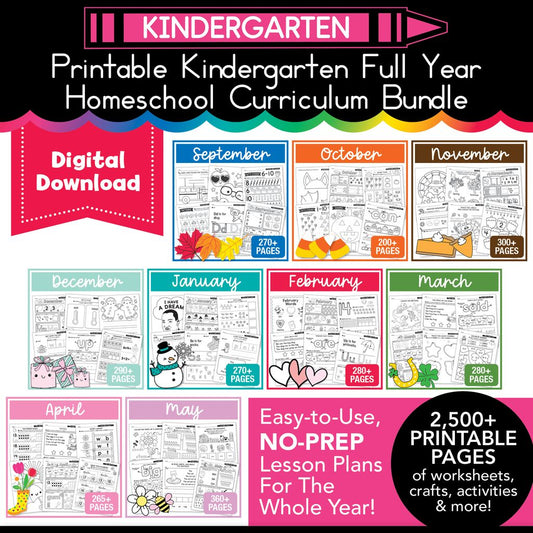 Printable Kindergarten Full Year Homeschool Curriculum Bundle