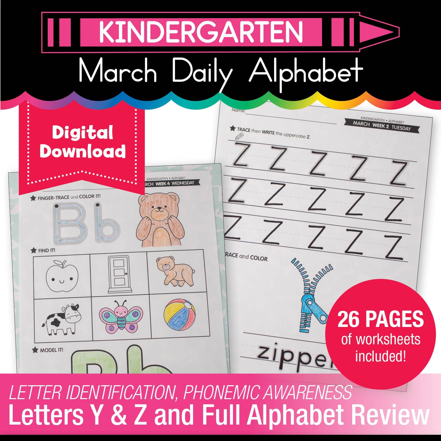 Printable Kindergarten March Daily Alphabet (Y, Z, & Full Alphabet Review)