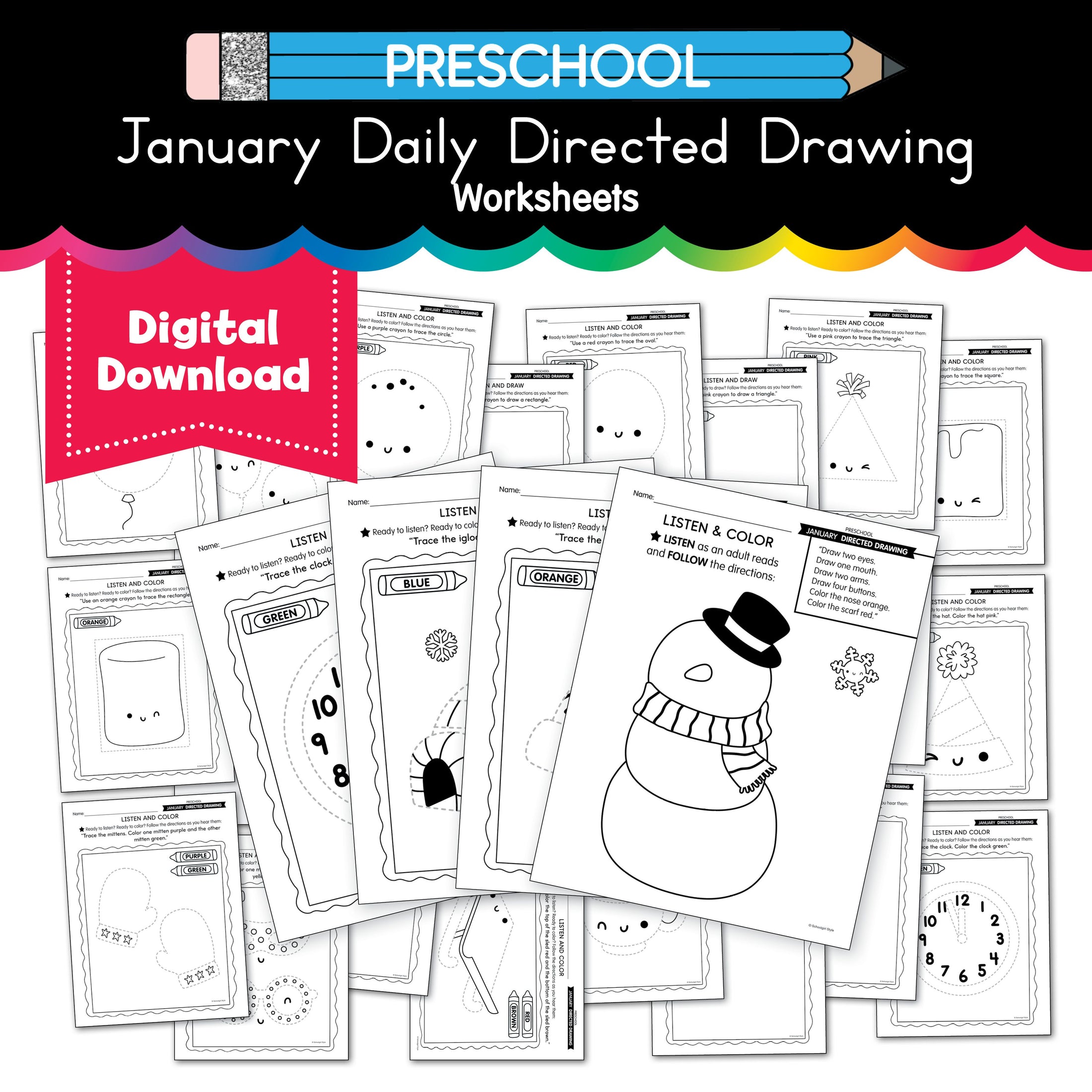 Printable Preschool January Directed Drawing Worksheets