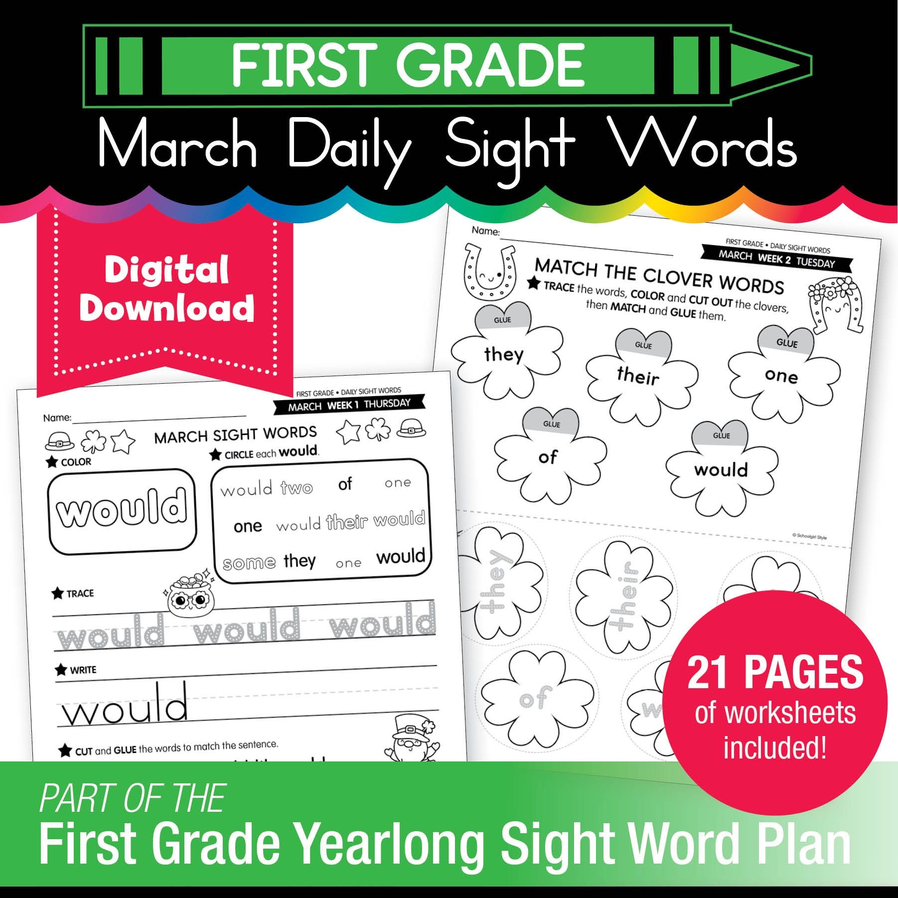 Printable First Grade March Daily Sight Words