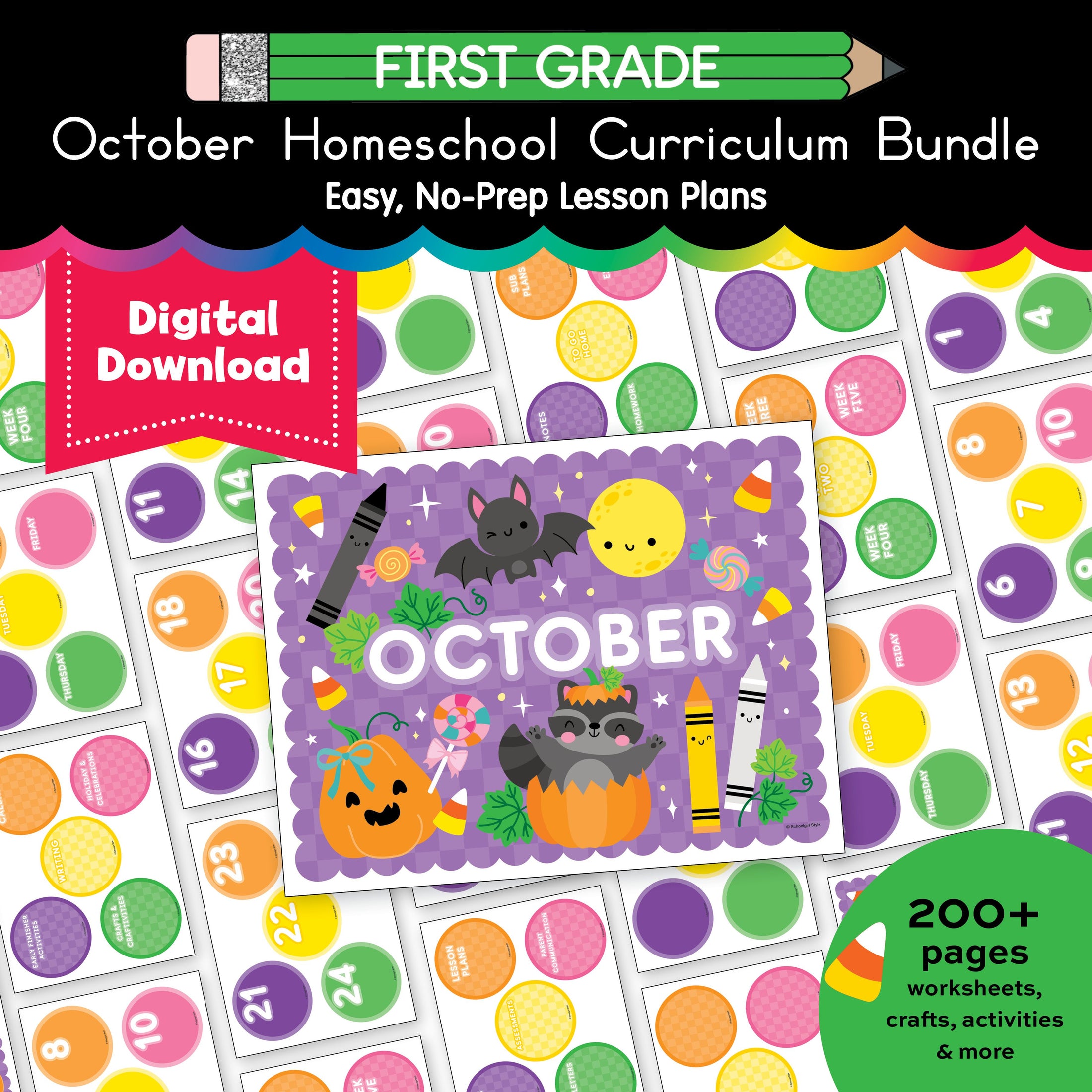 Printable First Grade October Homeschool Curriculum Bundle