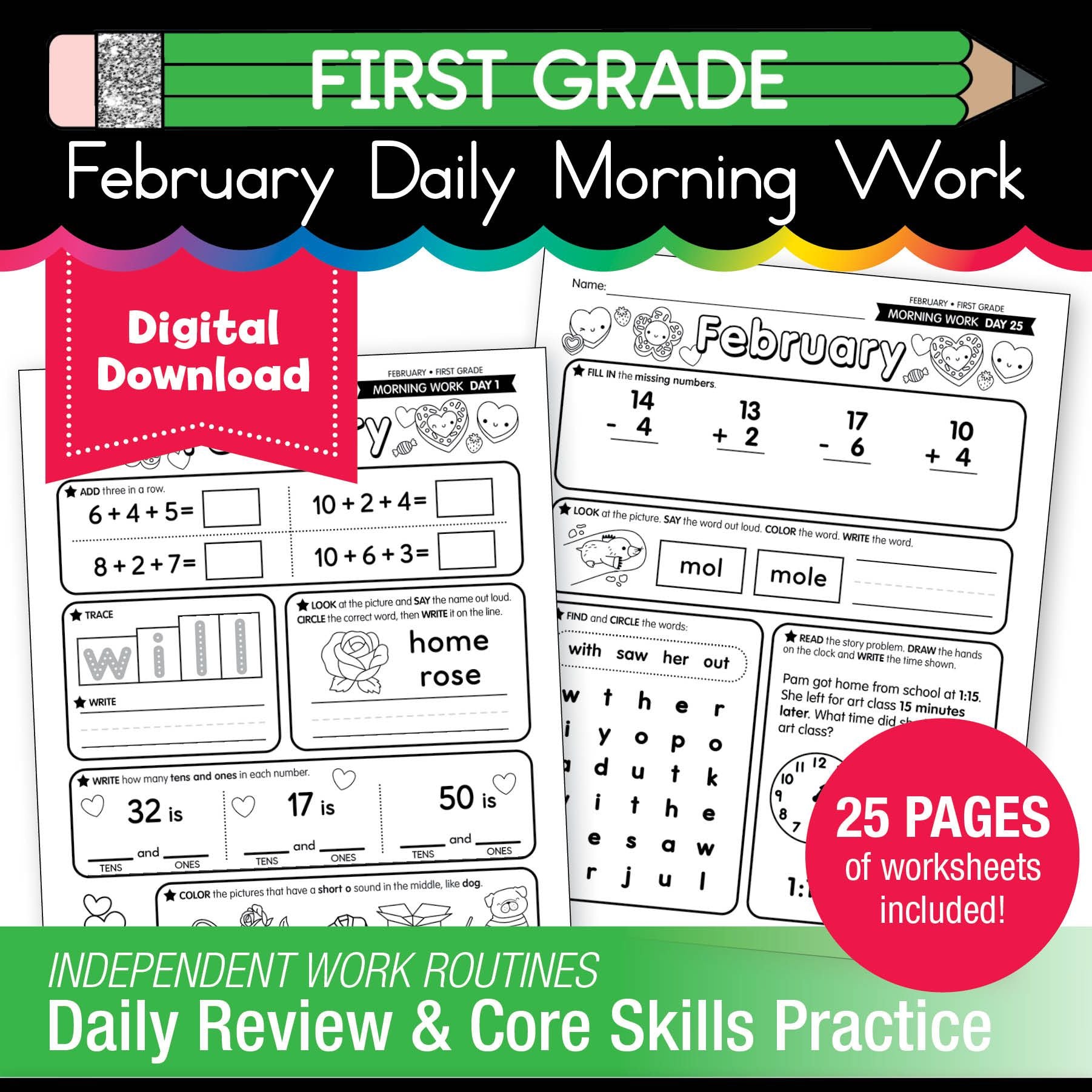Printable First Grade February Daily Morning Work - Playground Press