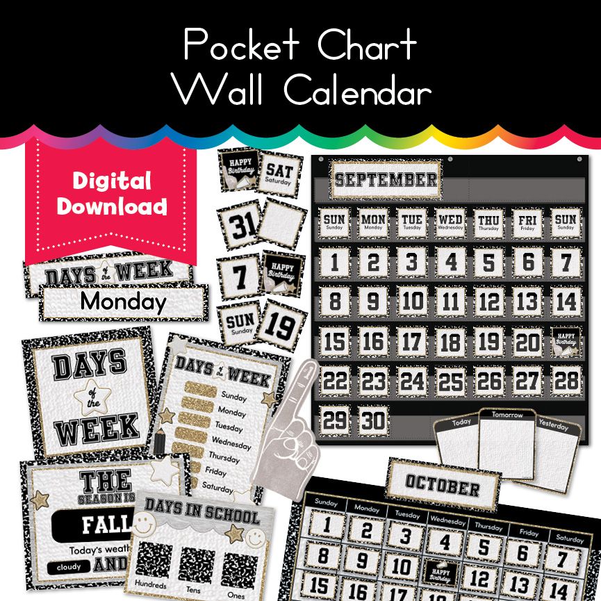 Black and White Pocket Chart Wall Calendar Printable Resource