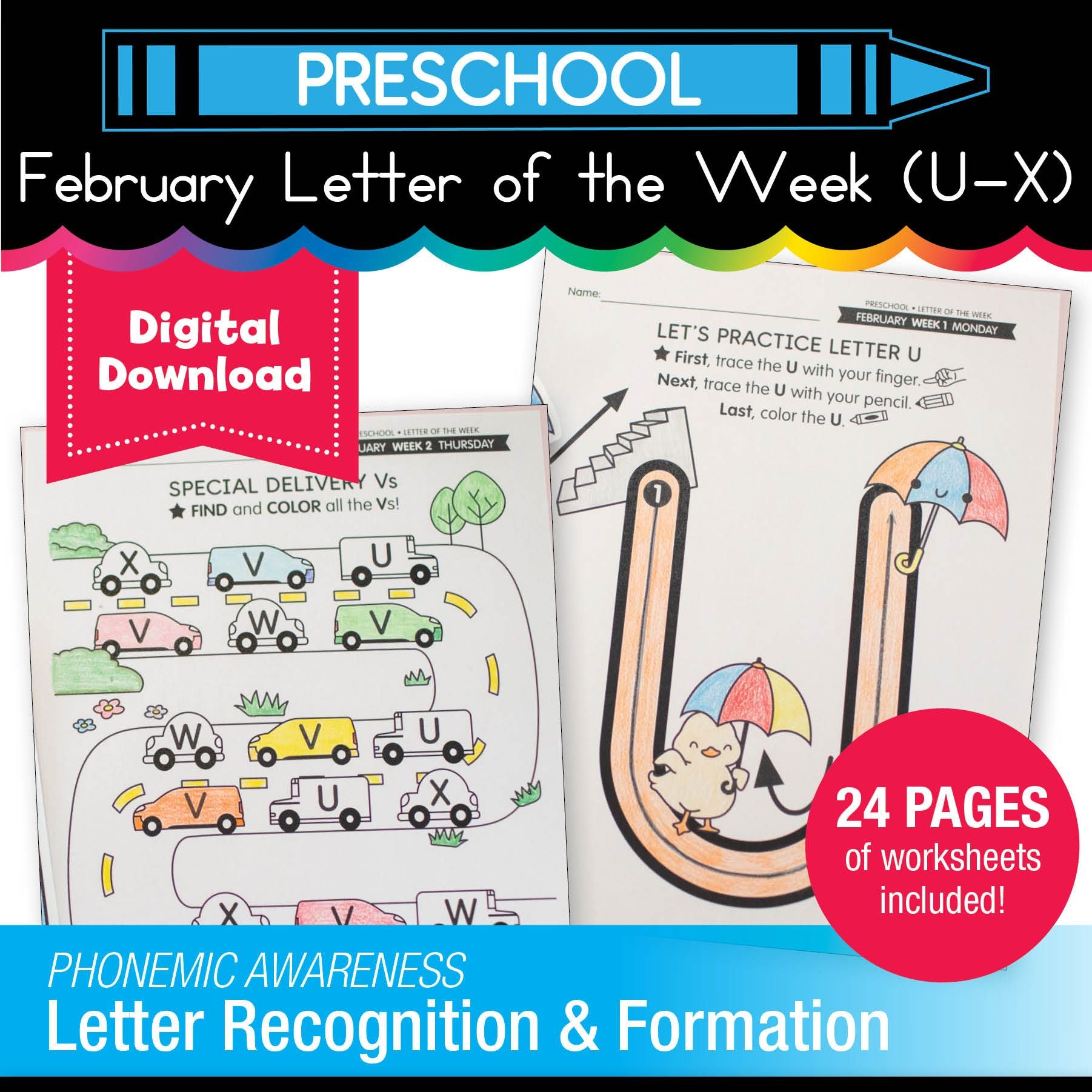 Printable Preschool February Letter of the Week (U-X)