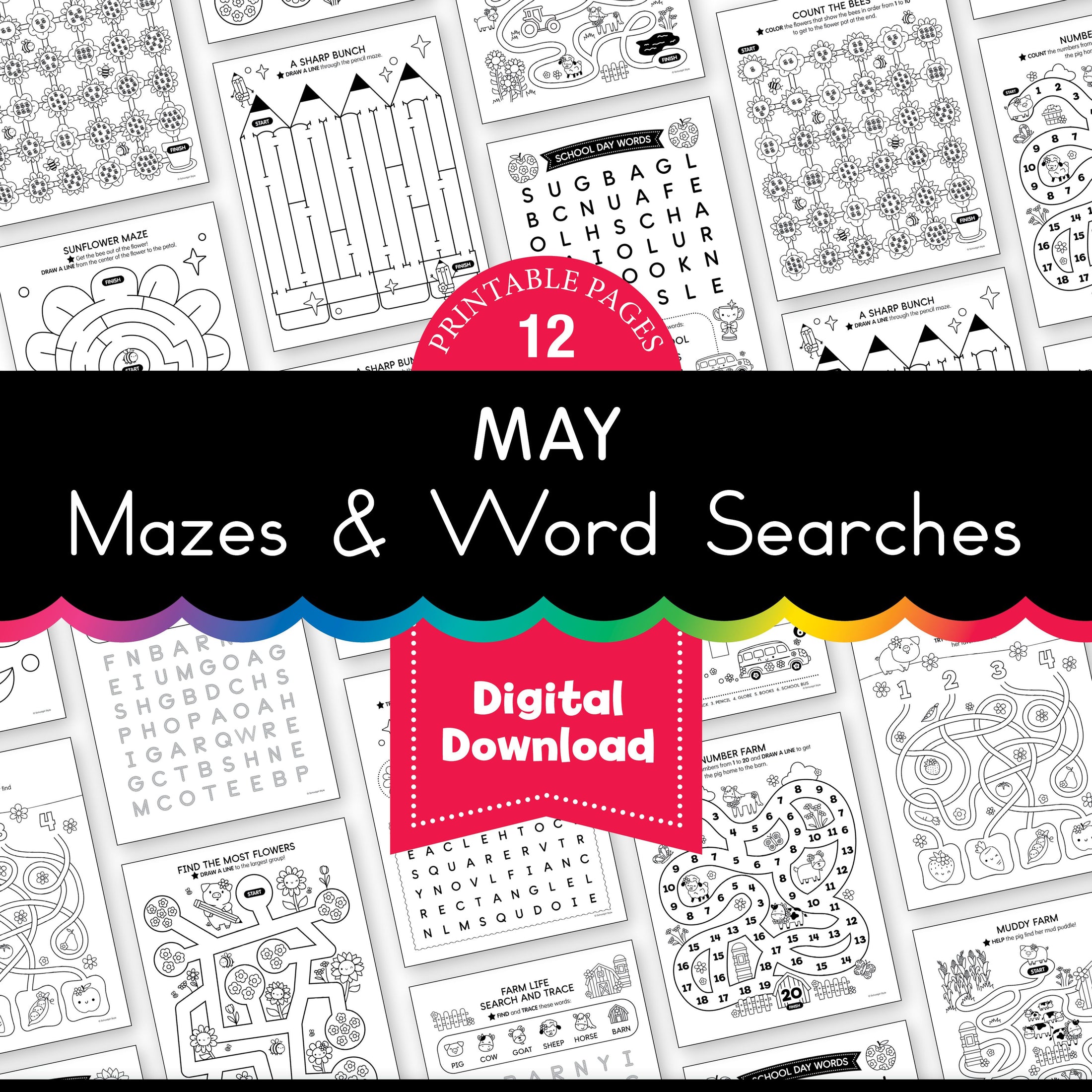 Printable May Mazes and Word Searches