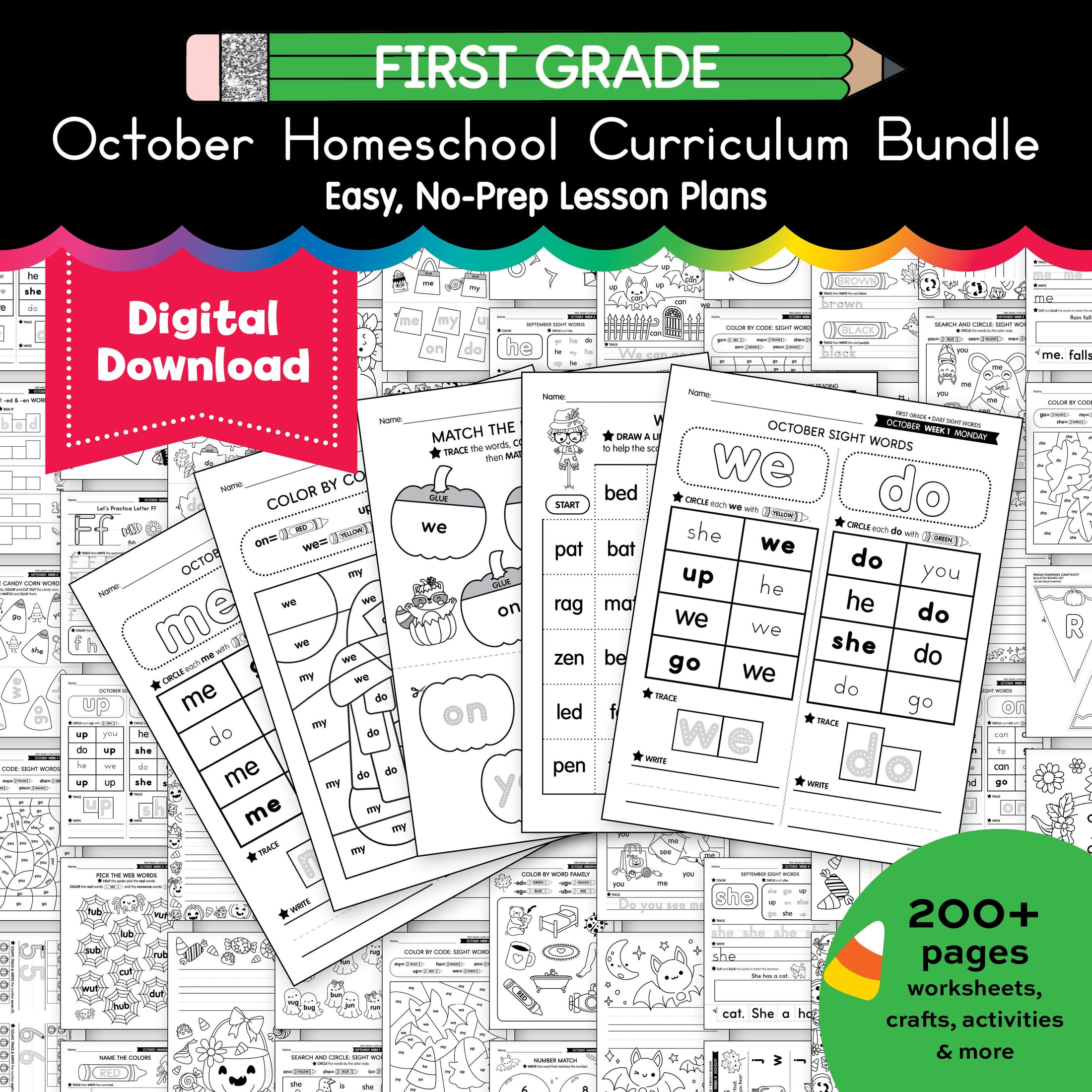 Printable First Grade October Homeschool Curriculum Bundle