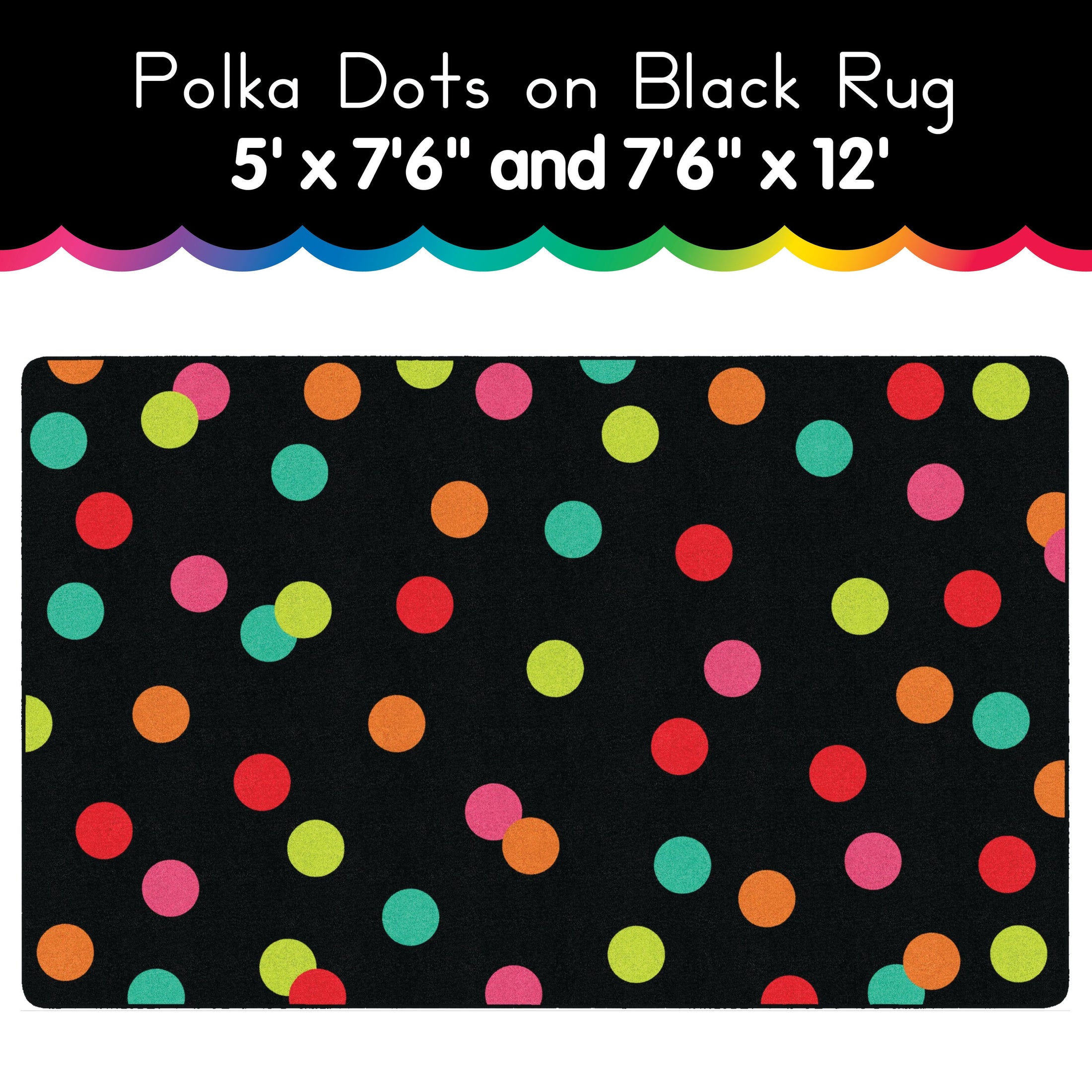 rainbow polka dots on black area rug