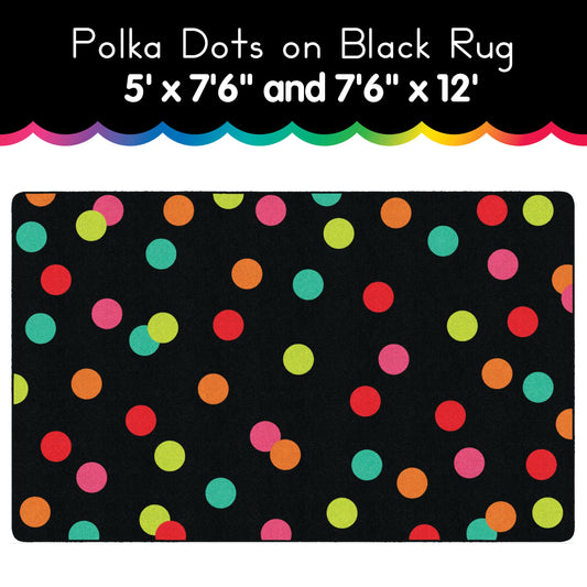 rainbow polka dots on black area rug