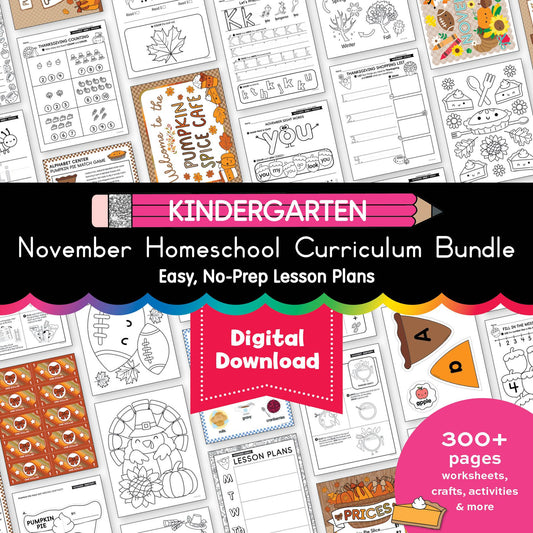 Printable Kindergarten November Homeschool Curriculum Bundle
